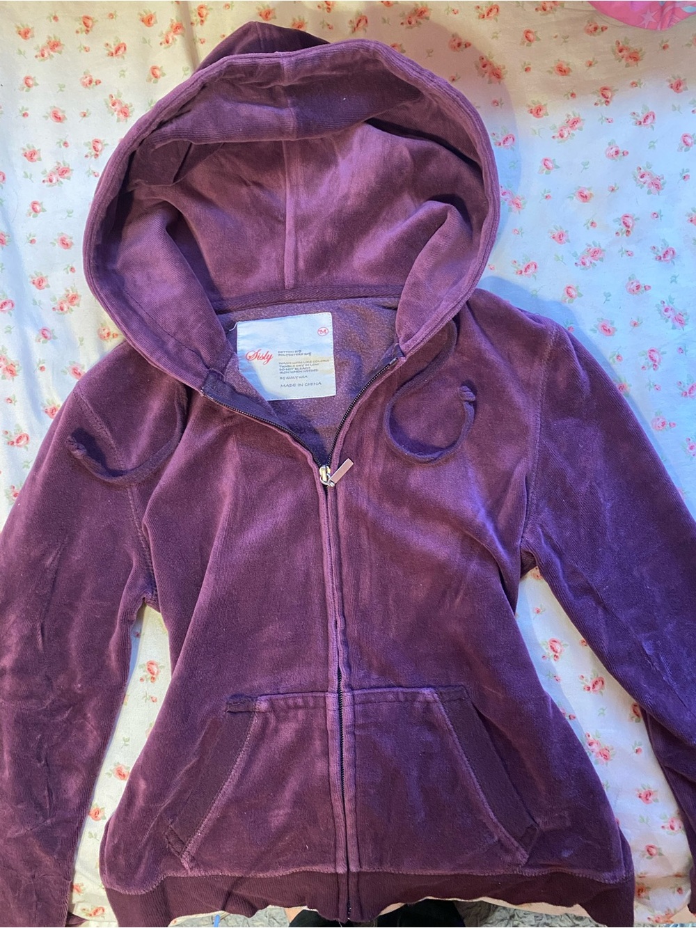 Sisley Purple Velvet Hooded Zip-Up Sweatshirt